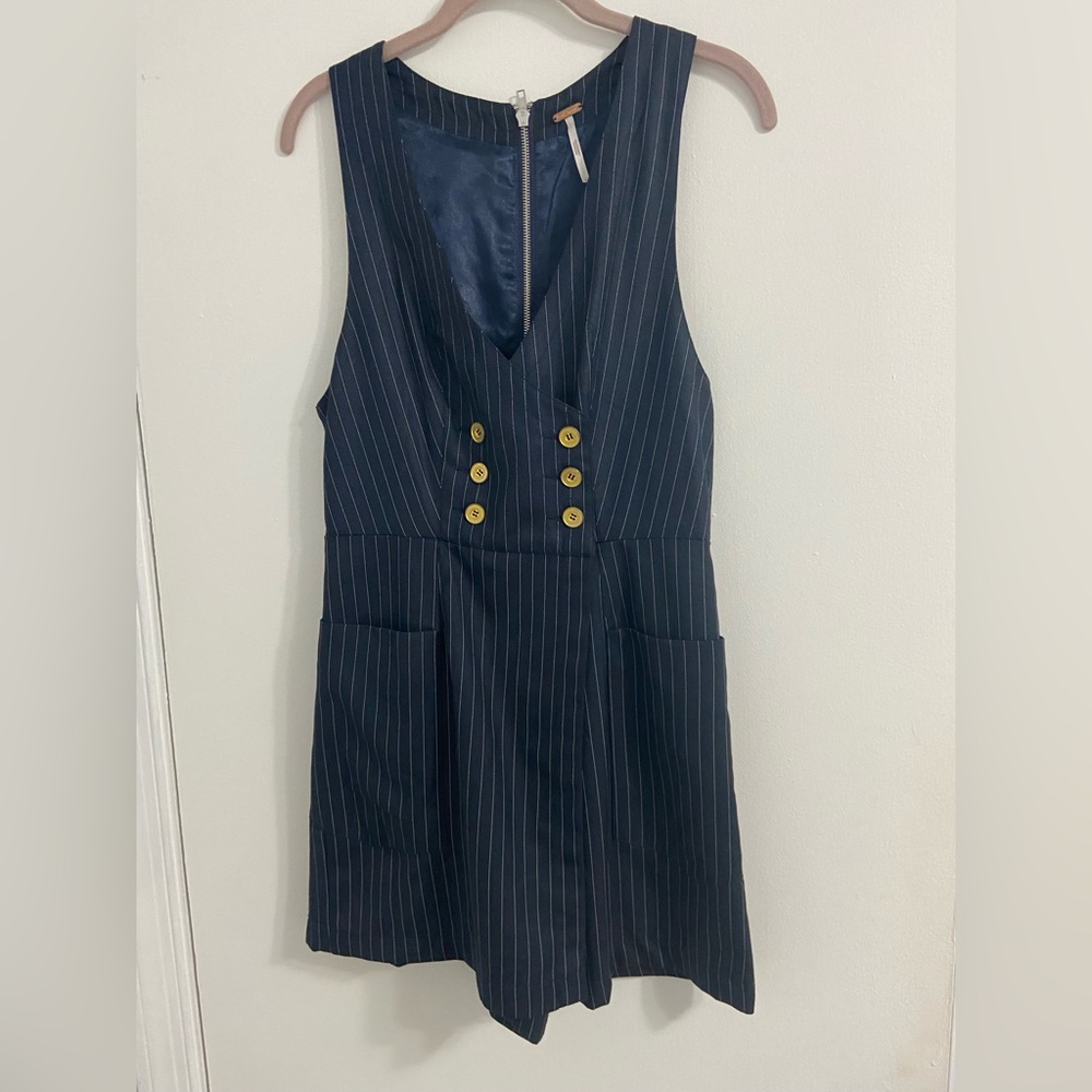 Free People Unique Double Breasted Skort Romper Navy Pinstripe